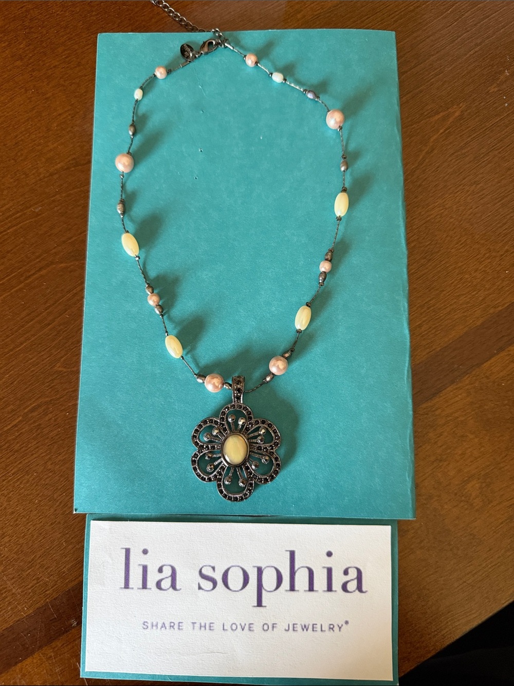 Lia Sophia Ivory Pearl and Pink Floral Pendant Necklace